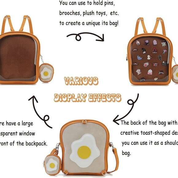 Charming Women's Ita Backpack - Toast Design with Pin Display for Kawaii Style - Picture 7 of 9